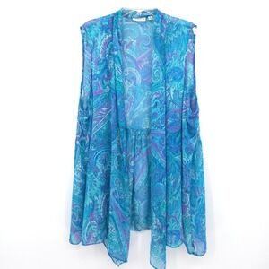 Susan Graver Vest Womens 3X Teal Purple Paisley Chiffon Open Front Sleeveless